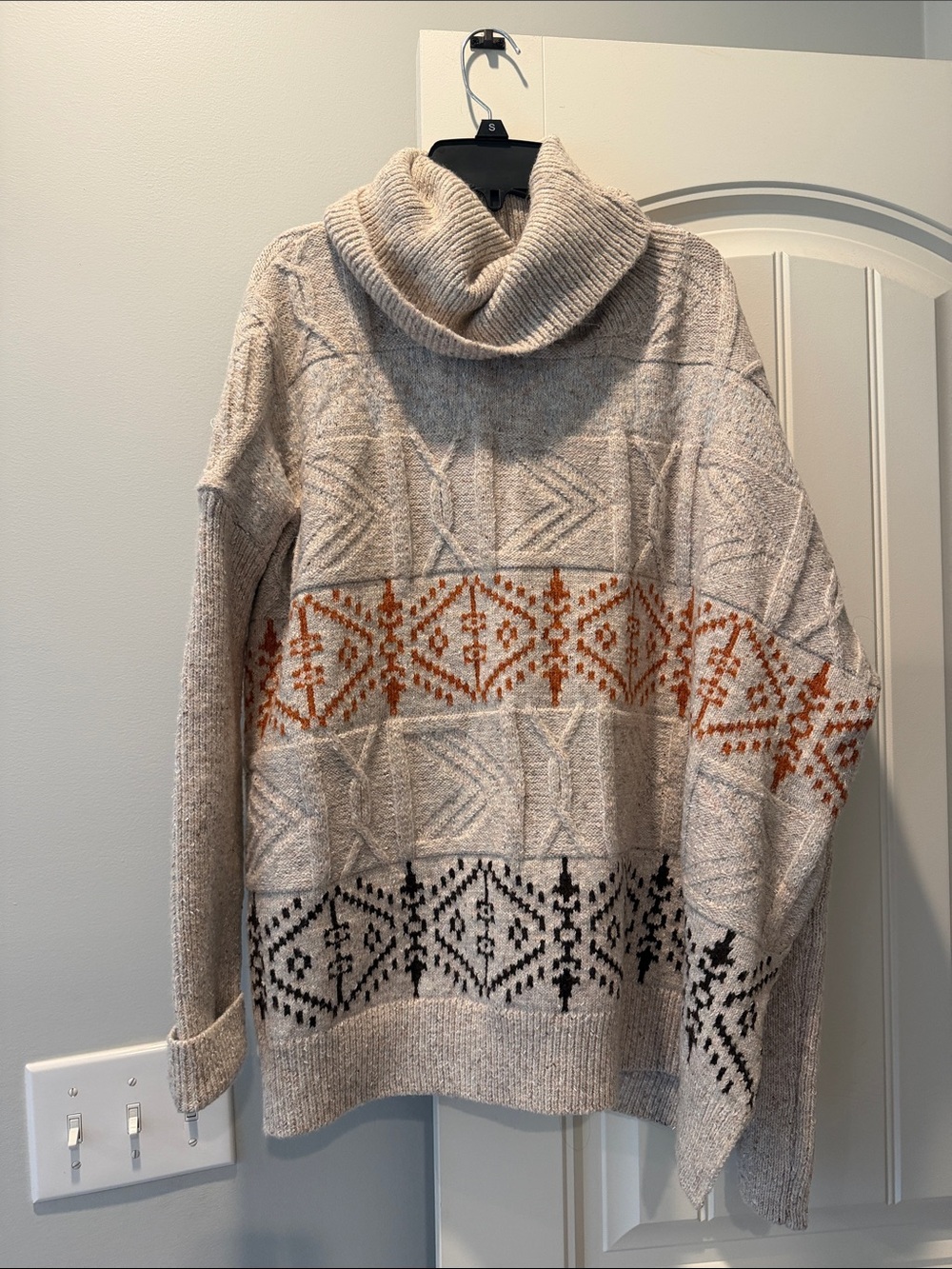 easel Cream Cowlneck Sweater with Rust and Black Fair Isle Bands